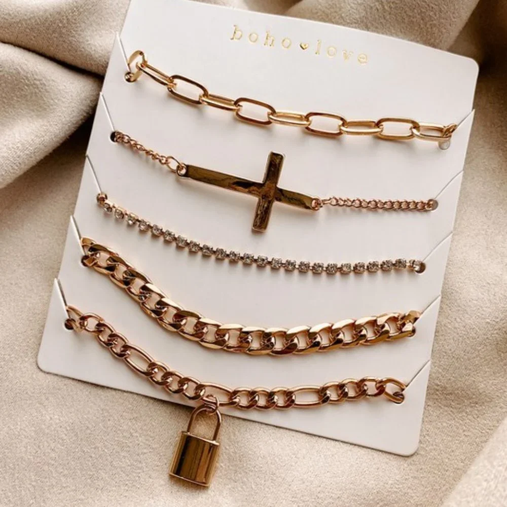 5 Piece Cross‎ and Paperclip Chain Bracelet Set
